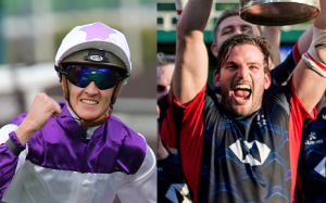 Jockey Chad Schofield and Hong Kong rugby captain James Cunningham. Photo: Kenneth Chan/HKRU