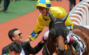 New trainer Douglas Whyte shares a smile with jockey Regan Bayliss after the win of Adonis at Sha Tin on Sunday. Photos: Kenneth Chan