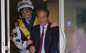Jockey Aldo Domeyer and trainer Tony Cruz celebrate their win in the stewards room after the run of Sunshine Warrior. Photos: Kenneth Chan
