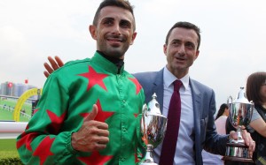 Jockey Alberto Sanna and trainer Douglas Whyte celebrate Big Fortune’s win. Photos: Kenneth Chan