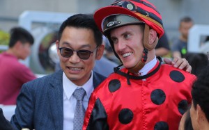 Trainer Jimmy Ting and jockey Chad Schofield celebrate the win of Deal Maker at Sha Tin this season. Photos: Kenneth Chan