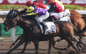 Alex Lai (outside) runs over the top of a bunched field to win at Sha Tin on Saturday. Photos: Kenneth Chan