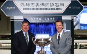 Jockey Club officials Bill Nader (left) and Andrew Harding kick off the Hong Kong International Races field announcements. Photo: HKJC