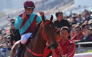 Joao Moreira celebrates as Beat The Clock returns to scale after winning the Hong Kong Sprint. Photos: Kenneth Chan