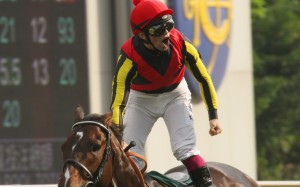 Umberto Rispoli celebrates after winning the Group One QE II Cup in 2012. Photos: Kenneth Chan