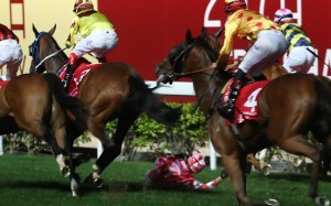Alexis Badel falls off Simply Brilliant after winning the Group Three January Cup last year. Photos: Kenneth Chan