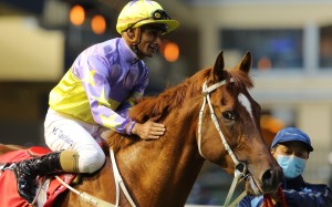 Karis Teetan pats Californiadeepshot after winning on debut at Happy Valley. Photos: Kenneth Chan