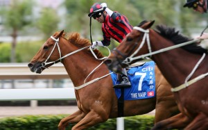 Joao Moreira salutes as Time Warp holds off Exultant in the Group One Citi Hong Kong Gold Cup. Photos: Kenneth Chan