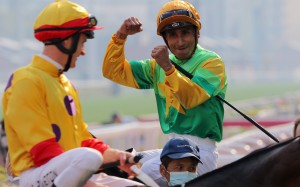 Karis Teetan reacts to the photo-finish results being displayed after winning on Amazing Beats at Sha Tin. Photos: Kenneth Chan