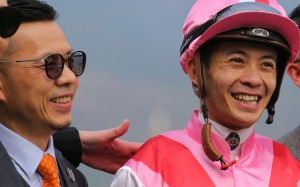 Derek Leung and Frankie Lor celebrate the win of Simply Brilliant at Sha Tin on Saturday. Photos: Kenneth Chan