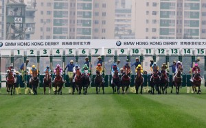 The field jumps for the 2019 Hong Kong Derby. Photos: Kenneth Chan