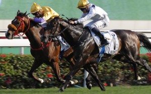 Blake Shinn and Playa Del Puente (left) do everything in their power to hold out Golden Sixty in the Hong Kong Derby. Photo: Kenneth Chan