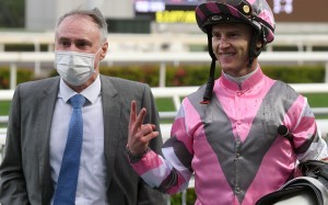Paul O’Sullivan with jockey Zac Purton after winning with Band Of Brothers at Sha Tin on Sunday. Photos: Kenneth Chan