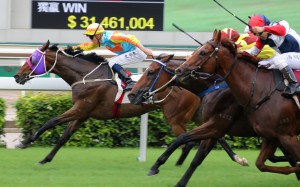 Chad Schofield drives Ka Ying Star to victory in Sunday’s Group Three Lion Rock Trophy at Sha Tin. Photos: Kenneth Chan