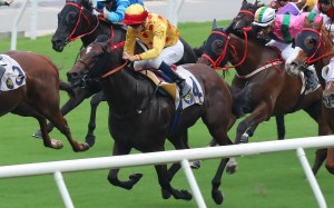 Gold Chest (middle) bursts through a gap to win at Sha Tin on Sunday. Photos: Kenneth Chan
