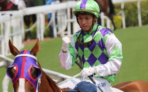 Matthew Chadwick celebrates his win aboard the Tony Cruz-trained Diamond Pegasus on Sunday. Photos: Kenneth Chan