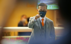 Trainer Frankie Lor enjoys one of his winners at Happy Valley on Wednesday night. Photo: Kenneth Chan