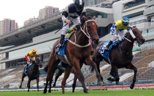 Exultant holds off Chefano to win the Group One Champions & Chater Cup last season. Photos: Kenneth Chan