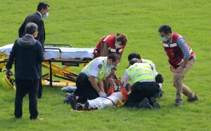 Matthew Chadwick in the hands of paramedics after a fall at Sha Tin on Sunday. Photos: Kenneth Chan