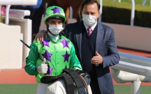 Joao Moreira and Caspar Fownes celebrate a winner together. Photo: Kenneth Chan