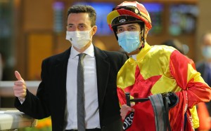 Douglas Whyte and Christophe Soumillon celebrate Savvy Nine’s win in the January Cup. Photos: Kenneth Chan