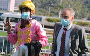 Derek Leung celebrates his treble at Sha Tin on Saturday. Photos: Kenneth Chan