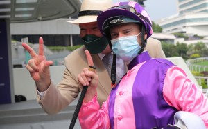 Zac Purton and David Hayes celebrate the jockey’s 1,300th Hong Kong winner. Photos: Kenneth Chan