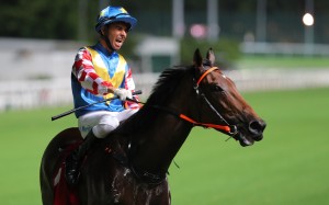 Joao Moreira celebrates his treble at Happy Valley on Wednesday night. Photos: Kenneth Chan