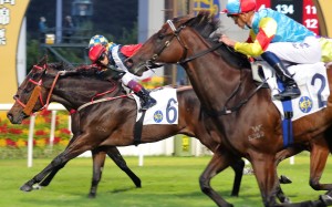 Fantastic Treasure (right) launches at Trillion Win late in his first-up run. Photos: Kenneth Chan