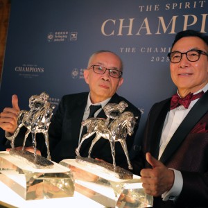 Owners Peter Lau Pak-fai and Leung Shek-kong after Romantic Warrior and Ka Ying Rising share Horse of the Year honours for 2025-26. Photos: Kenneth Chan