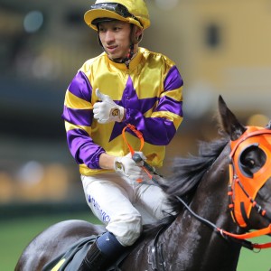 Matthew Chadwick celebrates his victory on Another Zonda at Happy Valley. Photo: Kenneth Chan.