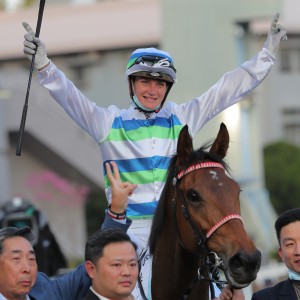 Jamie Melham celebrates winning Hong Kong’s prestigous Classic Mile in 2023. Photo: Kenneth Chan