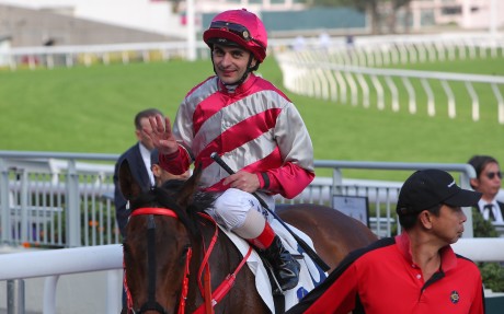 Andrea Atzeni celebrates his fourth win of the day at Sha Tin. Photo: Kenneth Chan