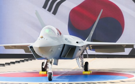 The first mass-produced KF-21 fighter jet is unveiled during a ceremony at the headquarters of Korea Aerospace Industries in Sacheon on March 25. Photo: Yonhap/EPA