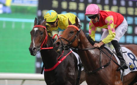 My Wish (right) finishes a close second to Lucky Sweynesse in the Chairman’s Trophy with Hugh Bowman aboard. Photos: Kenneth Chan