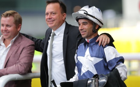 Caspar Fownes and Joao Moreira celebrate the win of The Heir at Happy Valley. Photos: Kenneth Chan