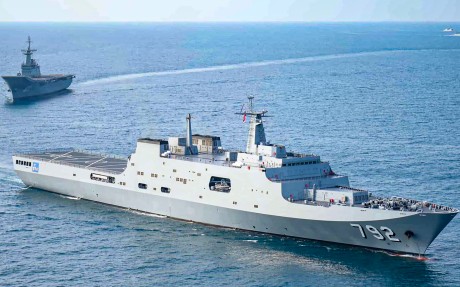 Thai aircraft carrier HTMS Chakri Naruebet (rear) accompanies transport ship HTMS Chang (front) before entering a naval base. Photo: Royal Thai Navy