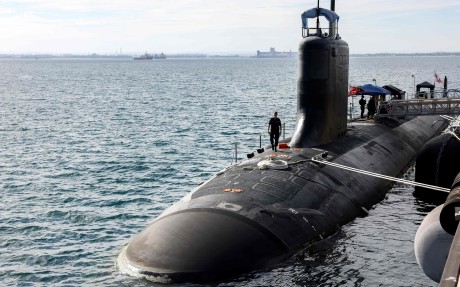 US Navy officers stand aboard a Virginia-class submarine docked in Western Australia in February 2025. Under Aukus, Australia will acquire nuclear-powered submarines like the Virginia-class. Photo: AFP