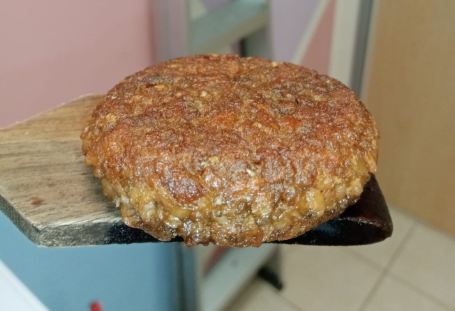 A burger patty made with textured microalgae protein by Sophie’s Bionutrients. Photo: Sophie’s Bionutrients