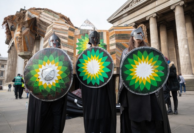 Campaign group BP or Not BP?’s Trojan horse and “Petroleus” guards outside the British Museum, in February 2020. Photo: BP or not BP / Ron Fassbender