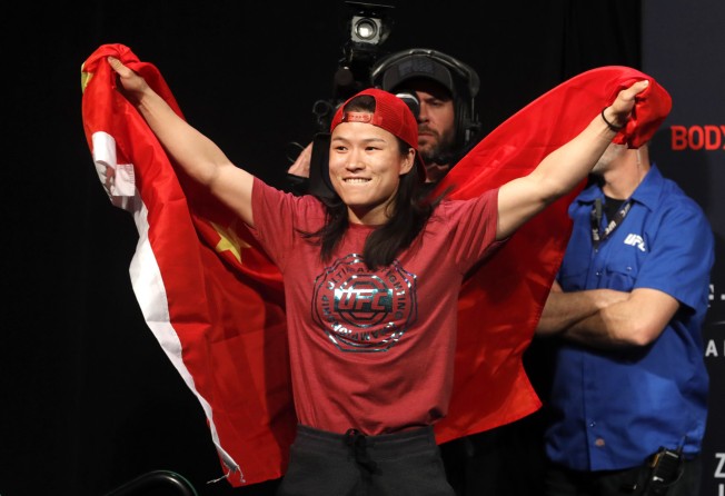UFC women’s strawweight champion Zhang Weili, of China arrives for the UFC 248 ceremonial weigh-in at T-Mobile Arena in Las Vegas. Photo: AP