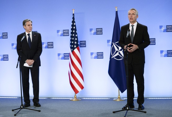US Secretary of State Antony Blinken (L) and Nato Secretary-General Jens Stoltenberg address the media in Brussels on Wednesday. Photo: AP