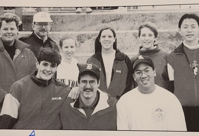 HKIS track captains including Begbie (front, left) with coaches in 1994. Photo: David Begbie