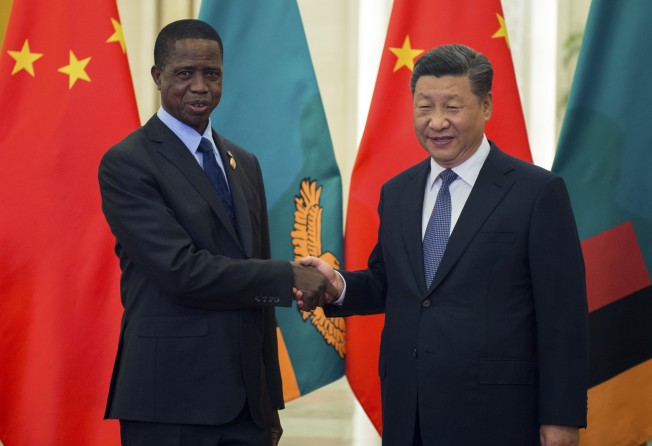 Zambia’s President Edgar Lungu, left, shakes hands with China’s President Xi Jinping on September 1, 2018 ahead of a meeting. Photo: AP 