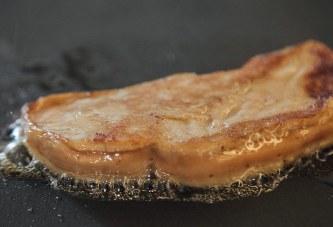 A slice of lab-grown foie gras made by Gourmey. Photo: Bloomberg