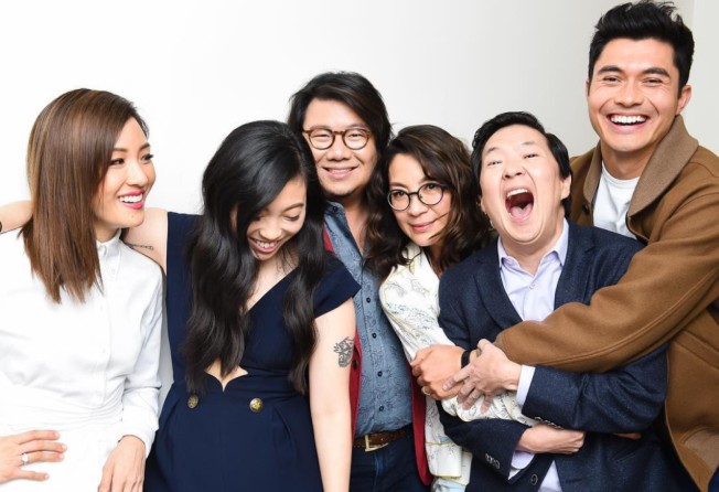The cast and crew of Crazy Rich Asians: Constance Wu, Awkwafina, author Kevin Kwan, Michelle Yeoh, Ken Jeong and Henry Golding. Photo: Griff Lipson’s Instagram