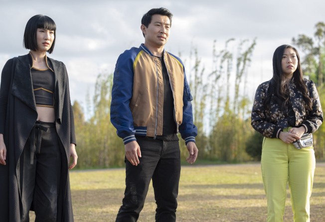 (From left) Meng’er Zhang, Liu and Awkwafina in a scene from Shang-Chi and the Legend of the Ten Rings. Photo: Marvel Studios