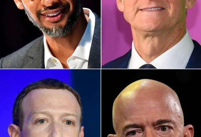 (Clockwise from top left) Google CEO Sundar Pichai, Apple CEO Tim Cook, Amazon founder Jeff Bezos and Facebook CEO Mark Zuckerberg were summoned before the House Judiciary subcommittee on antitrust, commercial and administrative law on July 29, 2020. Photos: AFP