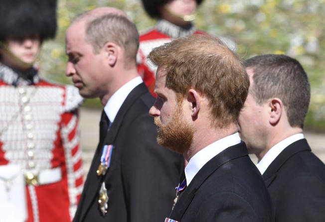 Prince William and Prince Harry follow the coffin during a procession arriving at St. George’s Chapel for the funeral of Britain’s Prince Philip inside Windsor Castle in Windsor, England, on April 17. Photo: AP
