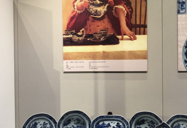 The exhibition matches exhibits, such as this Qing dynasty blue-and-white dinner set, with the appearance of similar Chinese porcelain in Western paintings, in this case George Dunlop Leslie’s Tea (1885). Photo: Enid Tsui